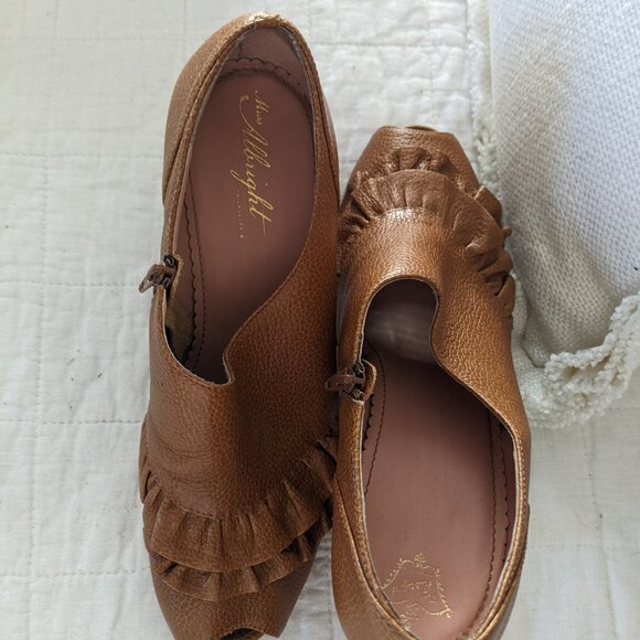 Miss Albright from Anthropologie Caramel Textured Leather Ruffle Peep Toe Heels - Picture 2 of 4